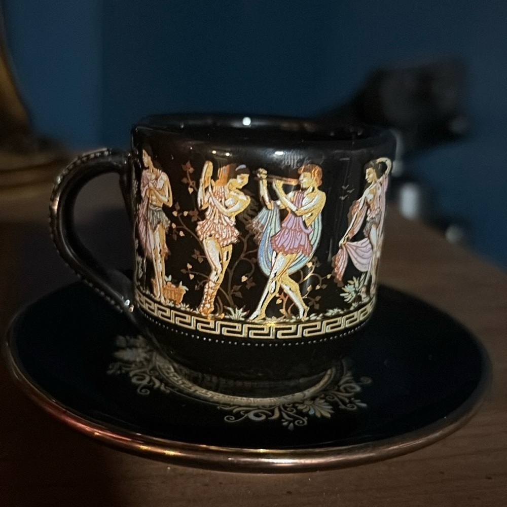 1960s Black and Gold Greek Gods Motif Mini Tea Cup /Saucer Set 24K Gold & Spoon - Picture 10 of 17